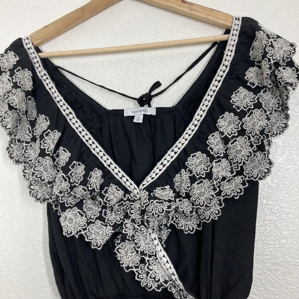 Monograph Anthropologie Blouse XL Black Embroidered Floral Ruffle Crop Top Boho - Picture 5 of 15